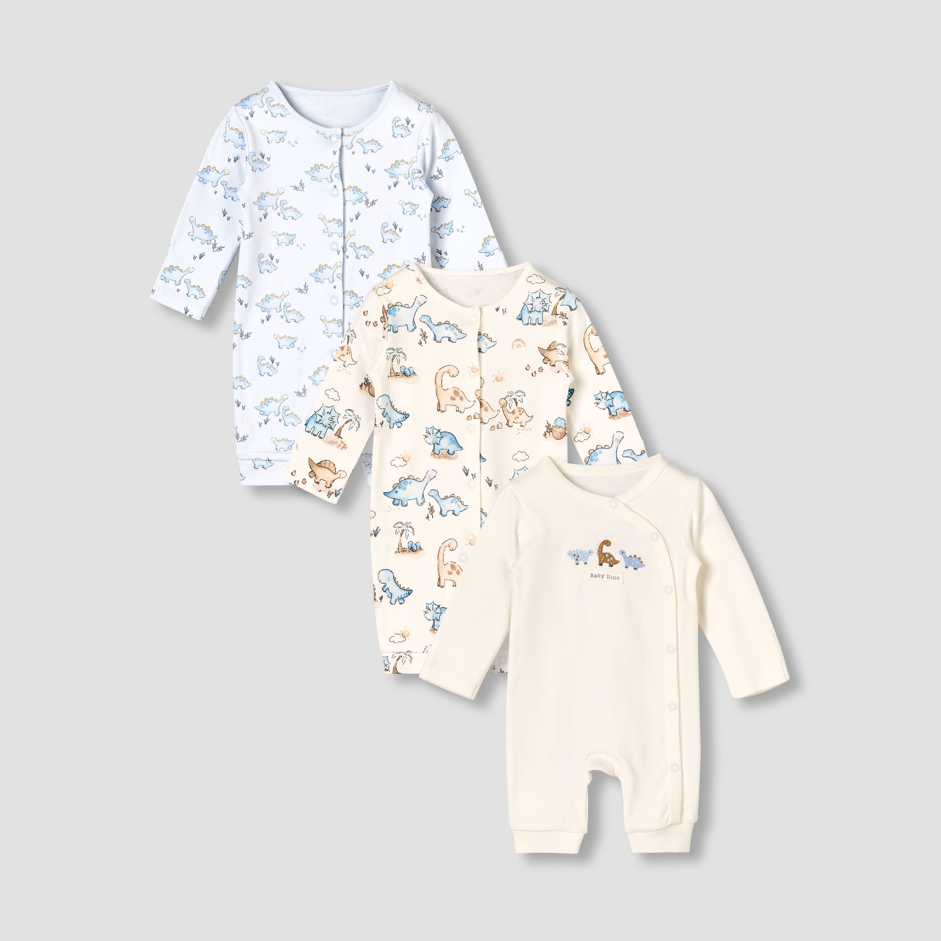 Pack of 3 Juniors Cotton Round Neck Long Sleeves Sleepsuit with Dinosaur Print