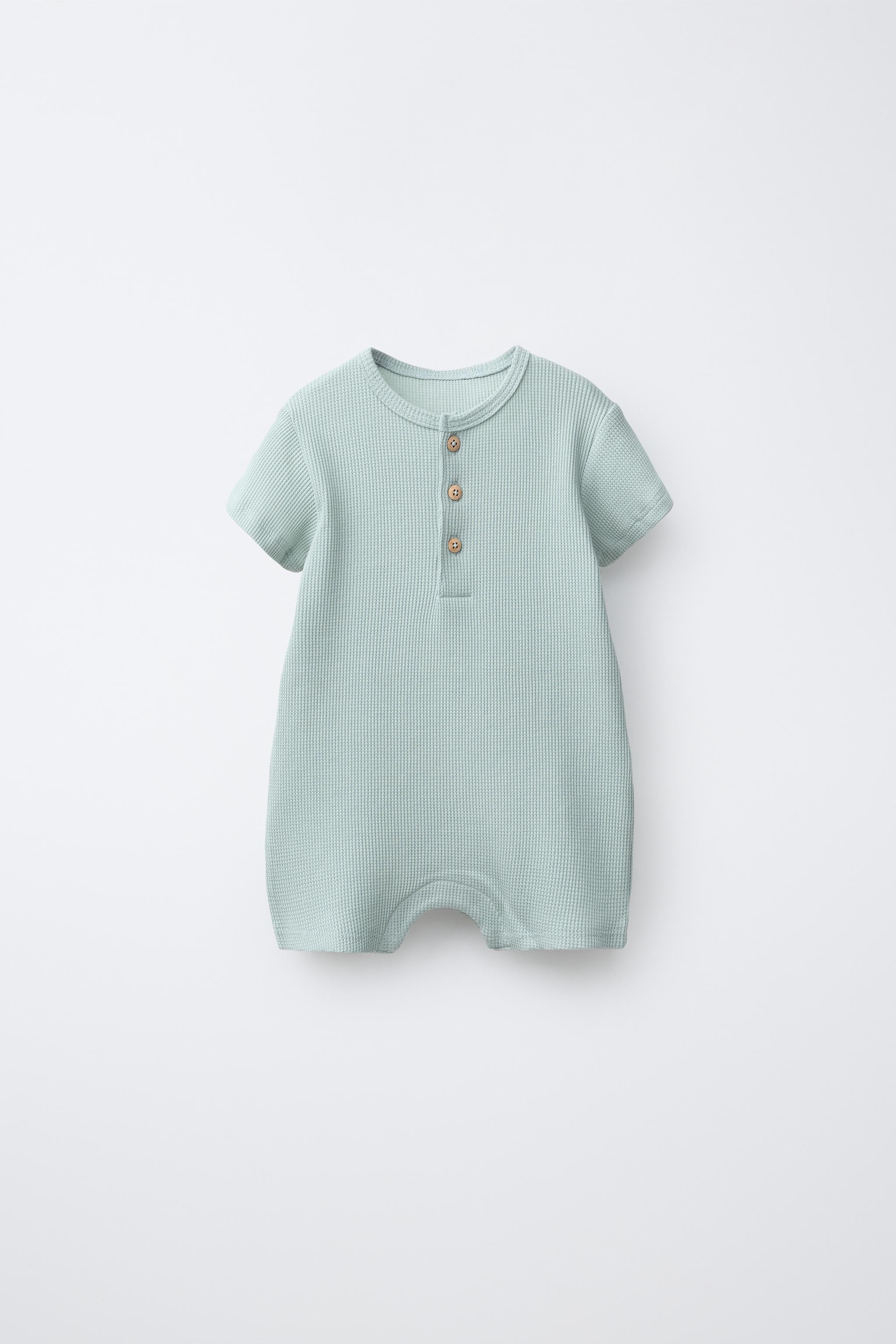 WAFFLE-KNIT HENLEY ROMPER - Sea green / 12-18 months (86 cm)