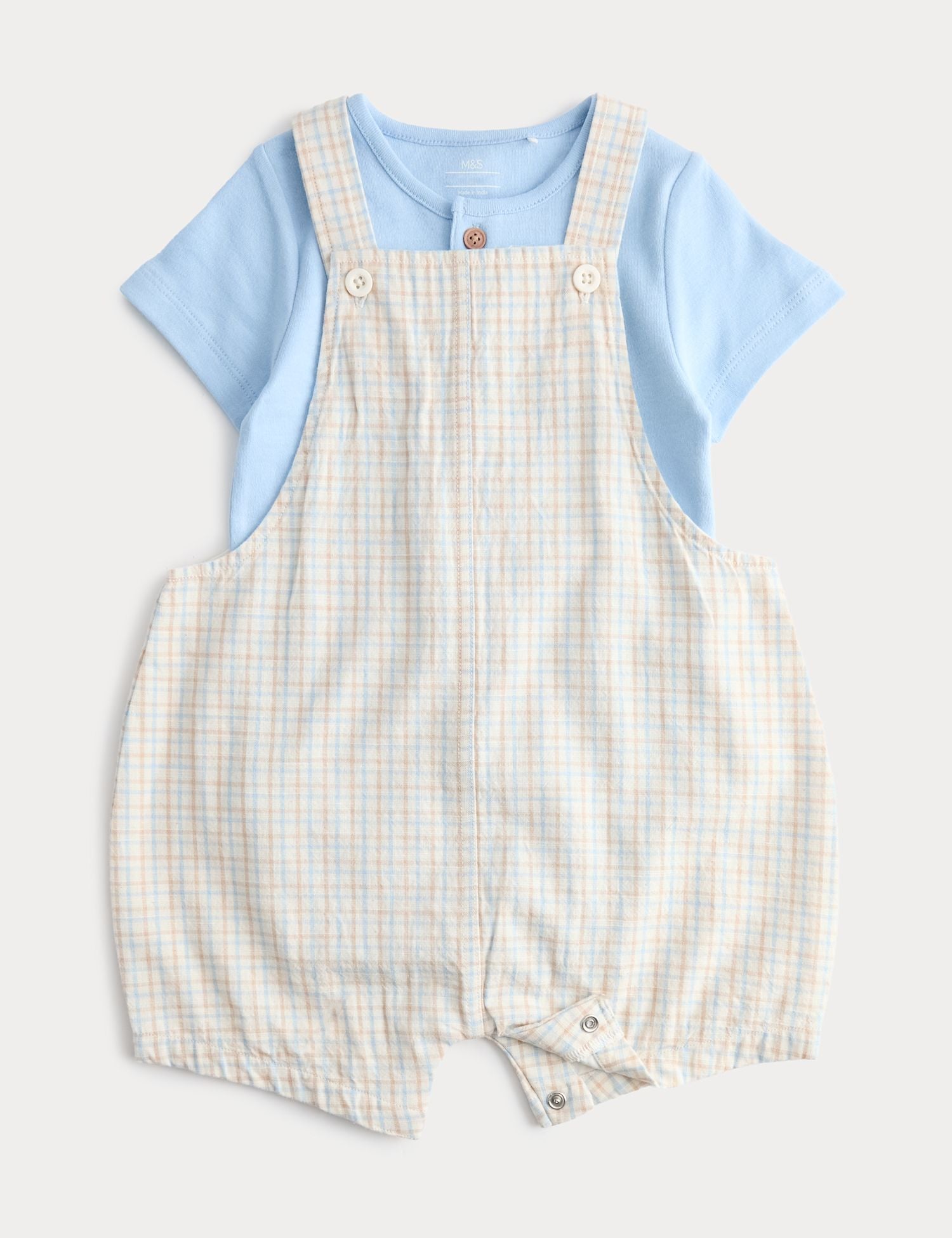 2 Piece Pure Cotton Checked Bibshort Outfit (0-3 Yrs) - BLUE MIX / 12-18 Months