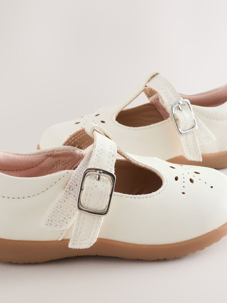 White Leather Wide Fit (G) First Walker T-Bar Touch Fastening Shoes