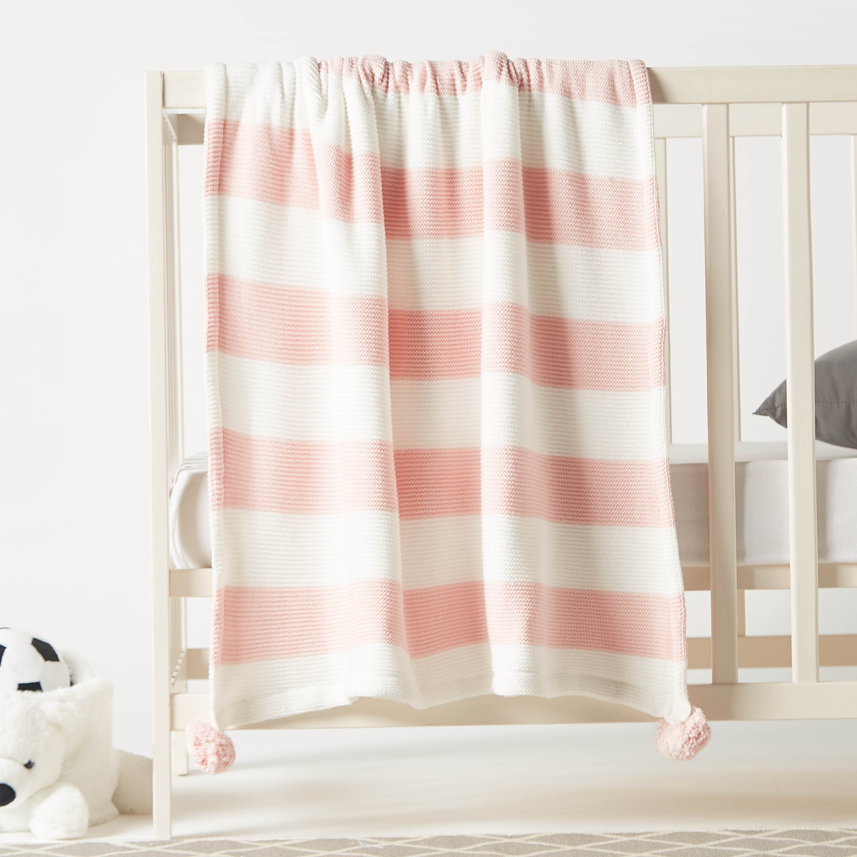 Juniors Striped Knitted Raschel Blanket with Pom Pom Detail - 100x80 cms - HomeBabyNurseryBlankets & SwaddlesBlankets & Quilts