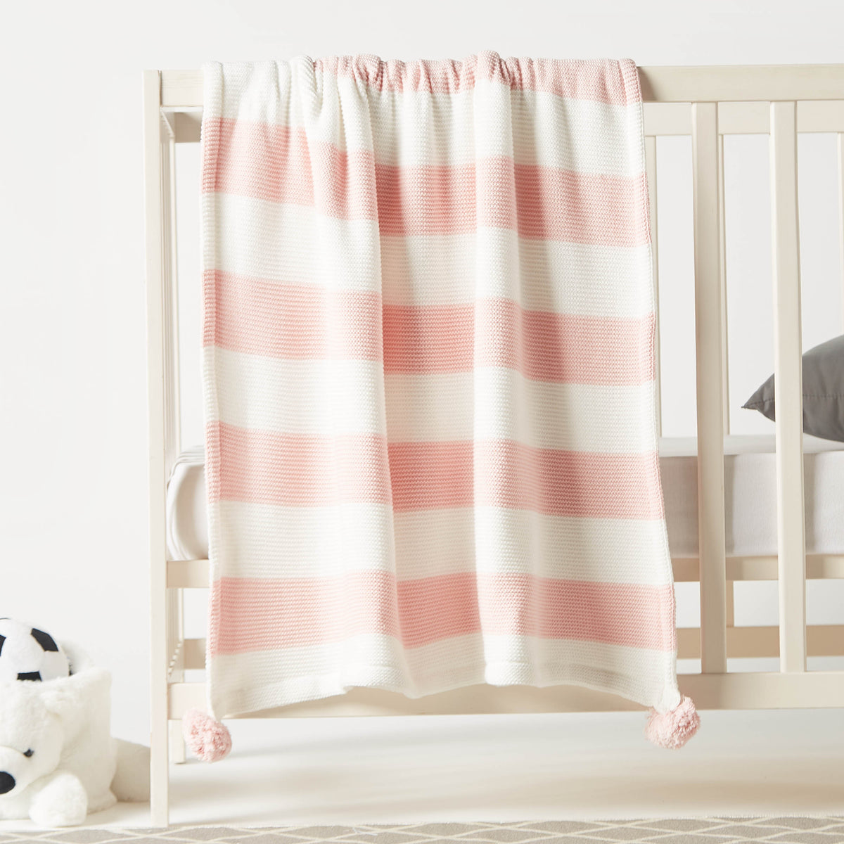 Juniors Striped Knitted Raschel Blanket with Pom Pom Detail - 100x80 cms