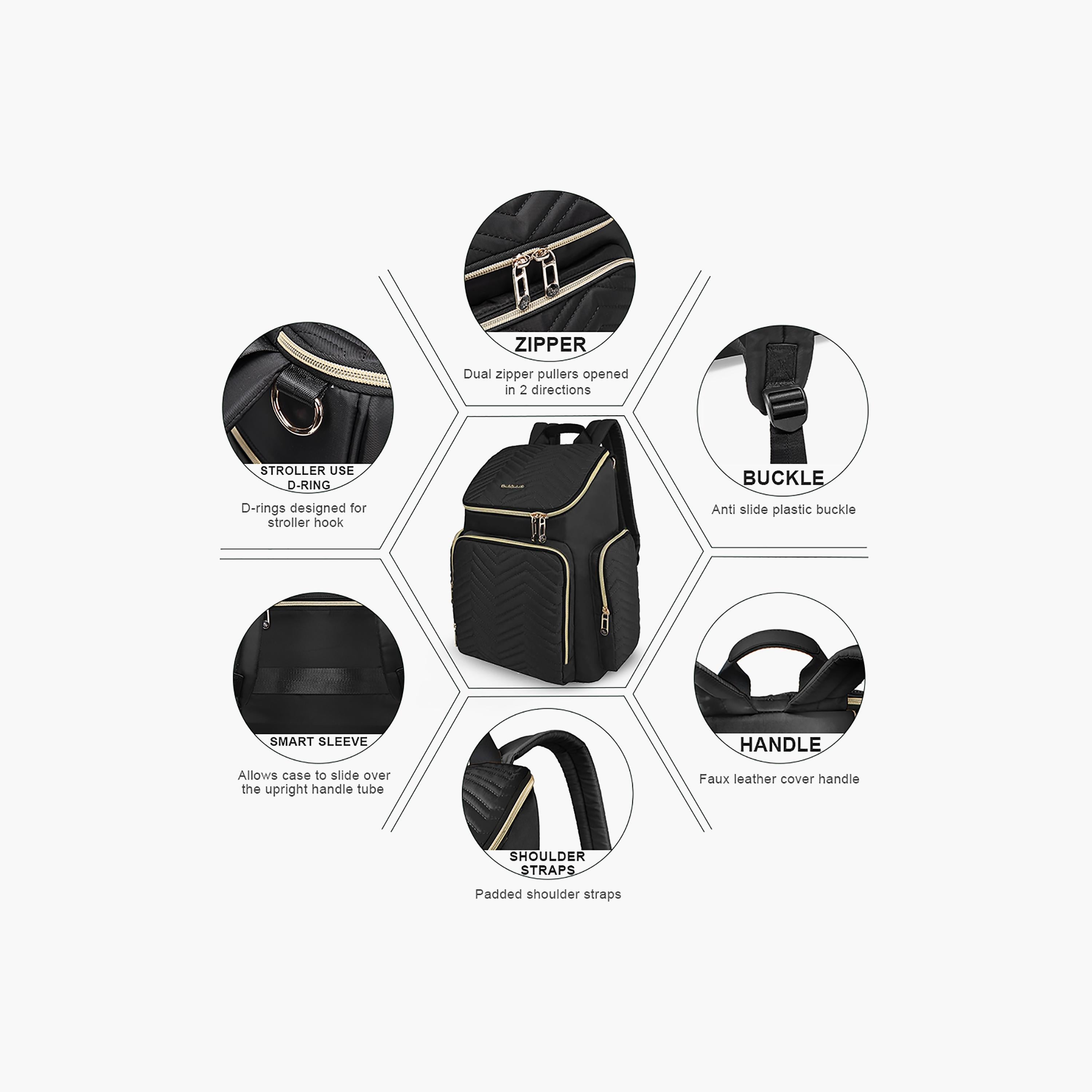 Little Story Georgia Diaper Bag With Changing Pad & Stroller Hooks, Black
