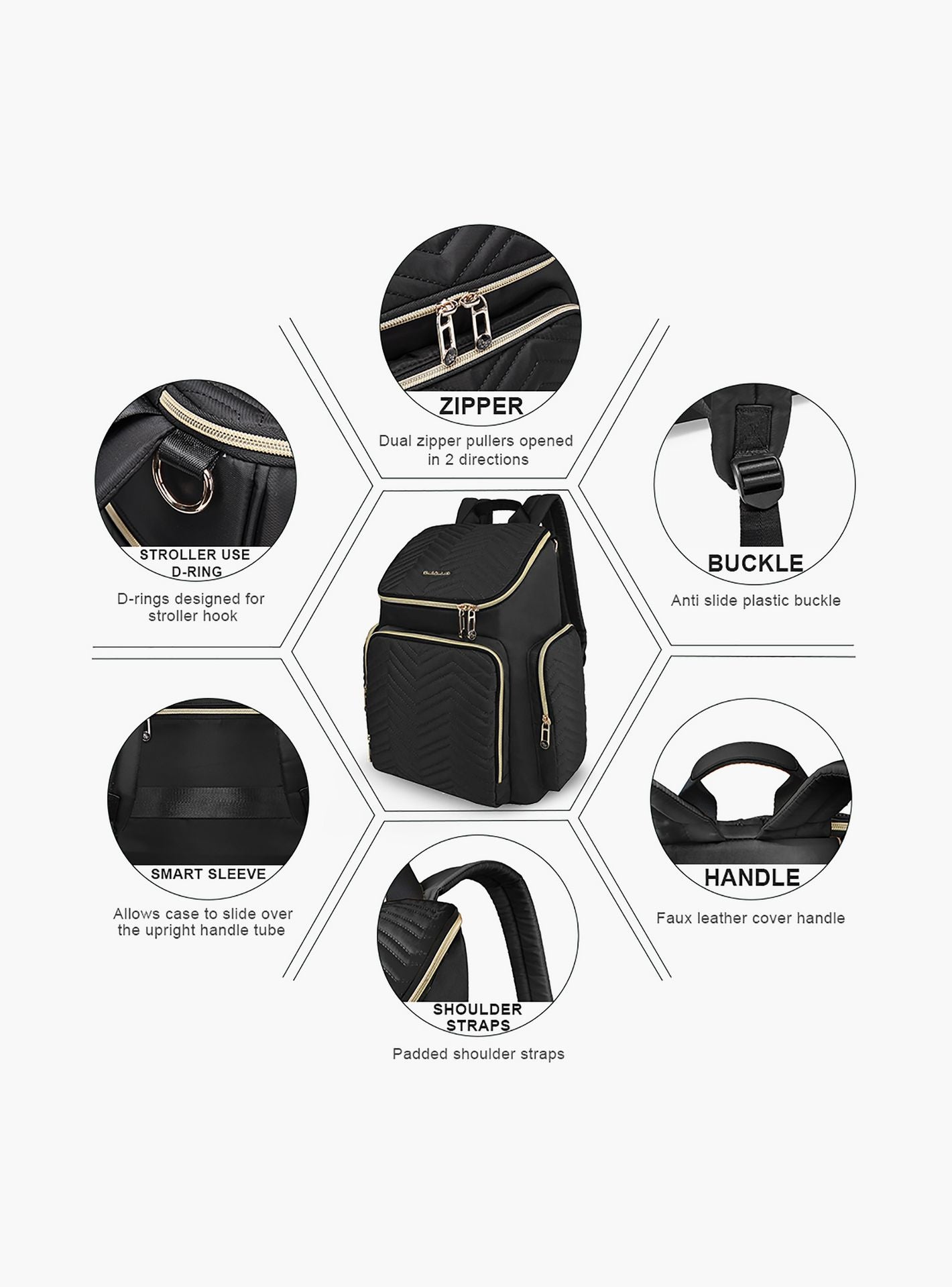 Little Story Georgia Diaper Bag With Changing Pad & Stroller Hooks, Black-baby-gear-diaperbags-image-2