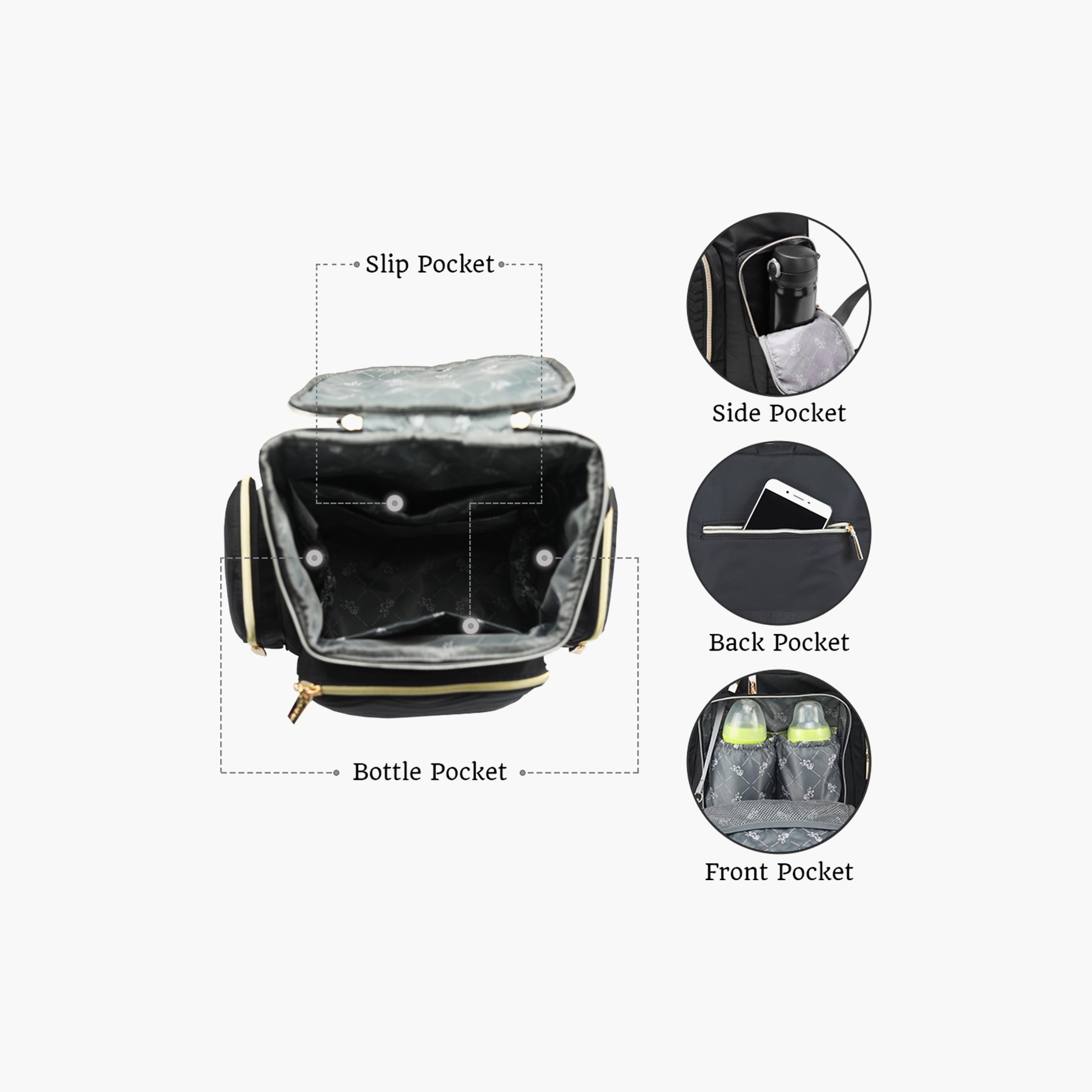 Little Story Georgia Diaper Bag With Changing Pad & Stroller Hooks, Black
