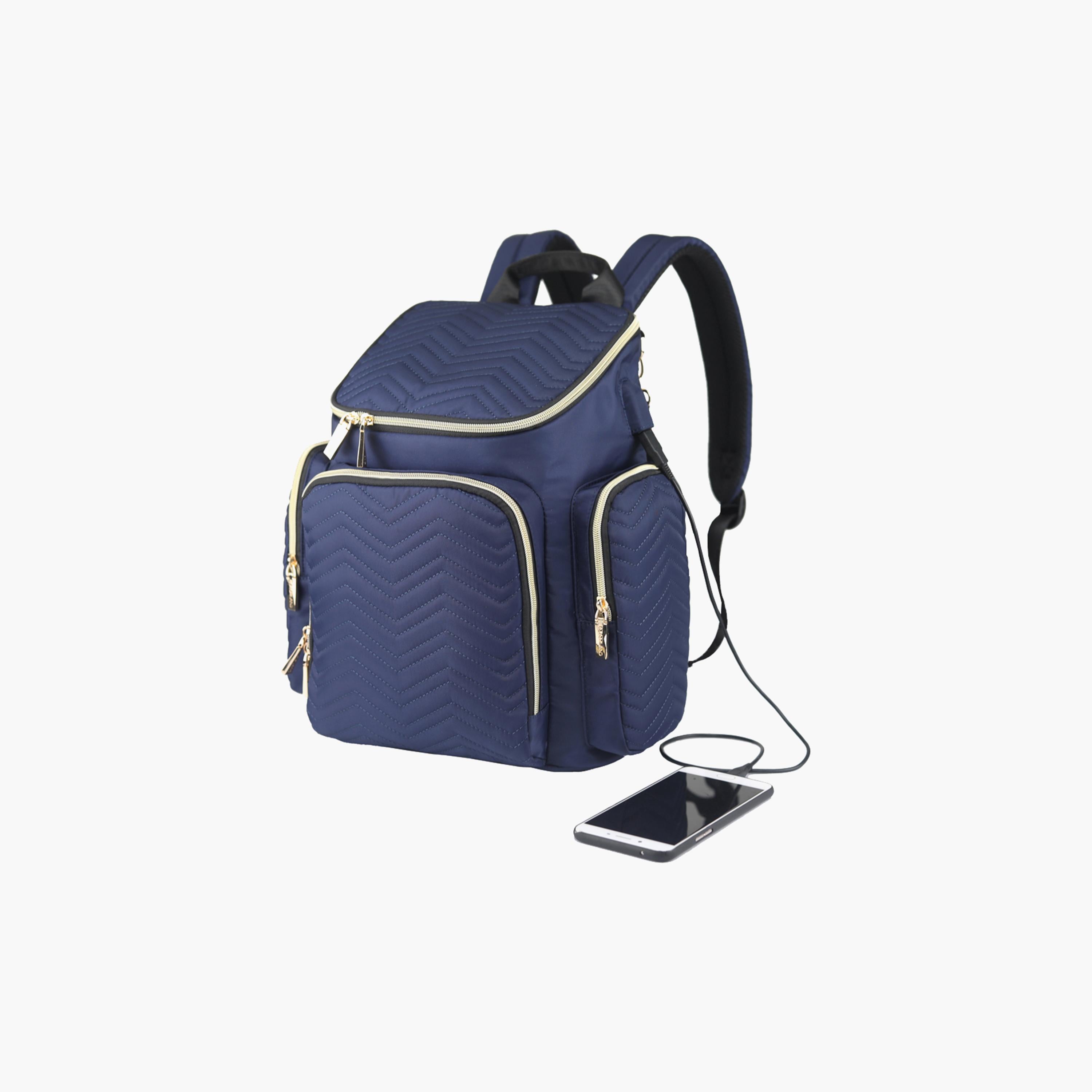 Little Story Georgia Diaper Bag With Changing Pad & Stroller Hooks, Navy Blue