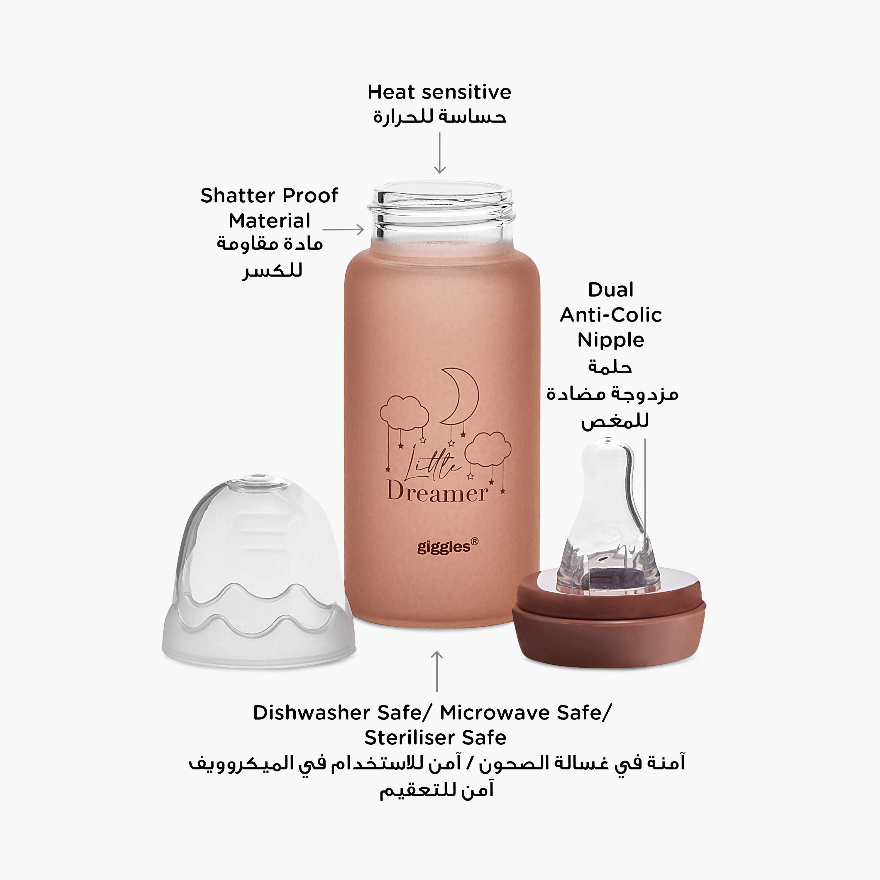 Giggles Printed Glass Feeding Bottle with Cap - 120 ml
