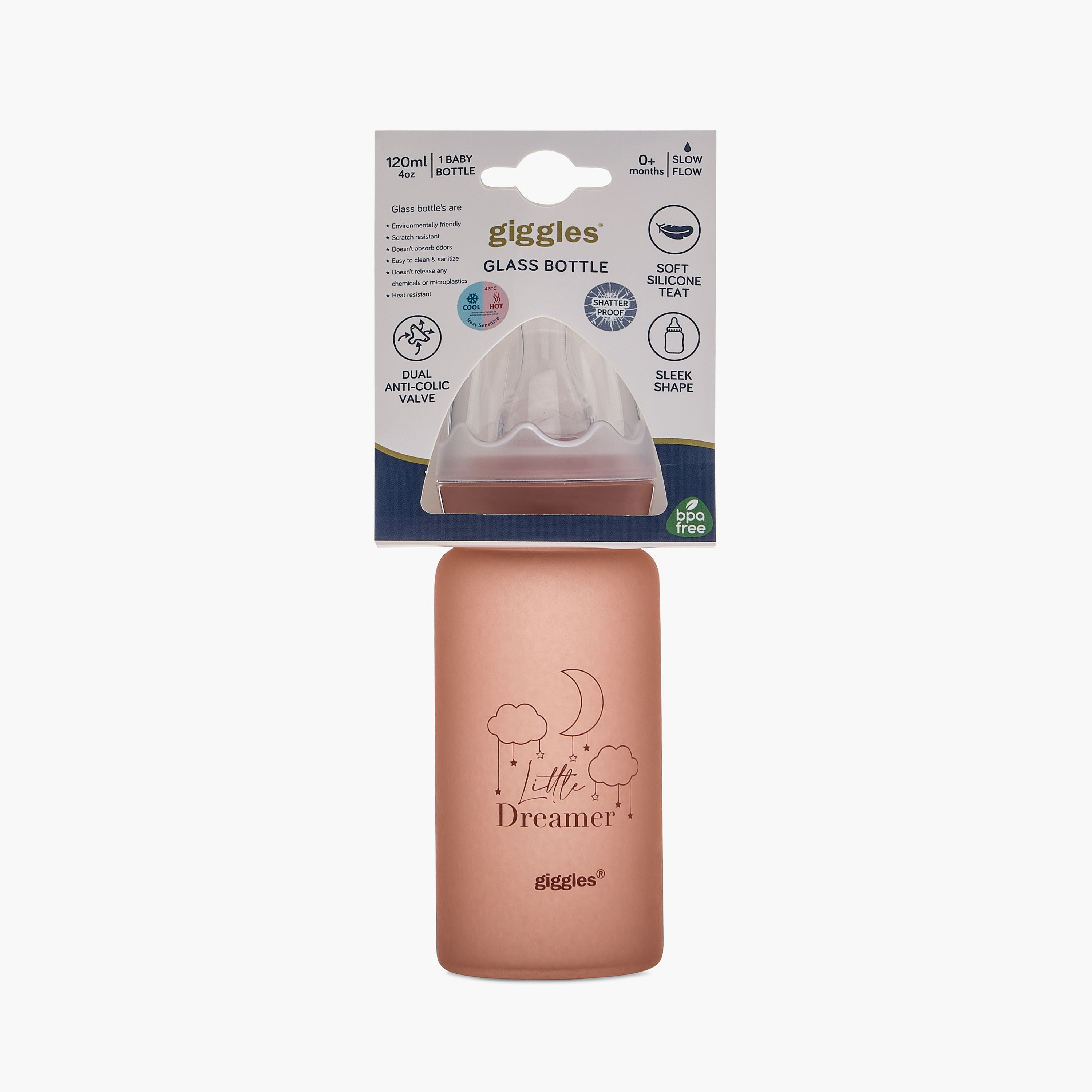 Giggles Printed Glass Feeding Bottle with Cap - 120 ml