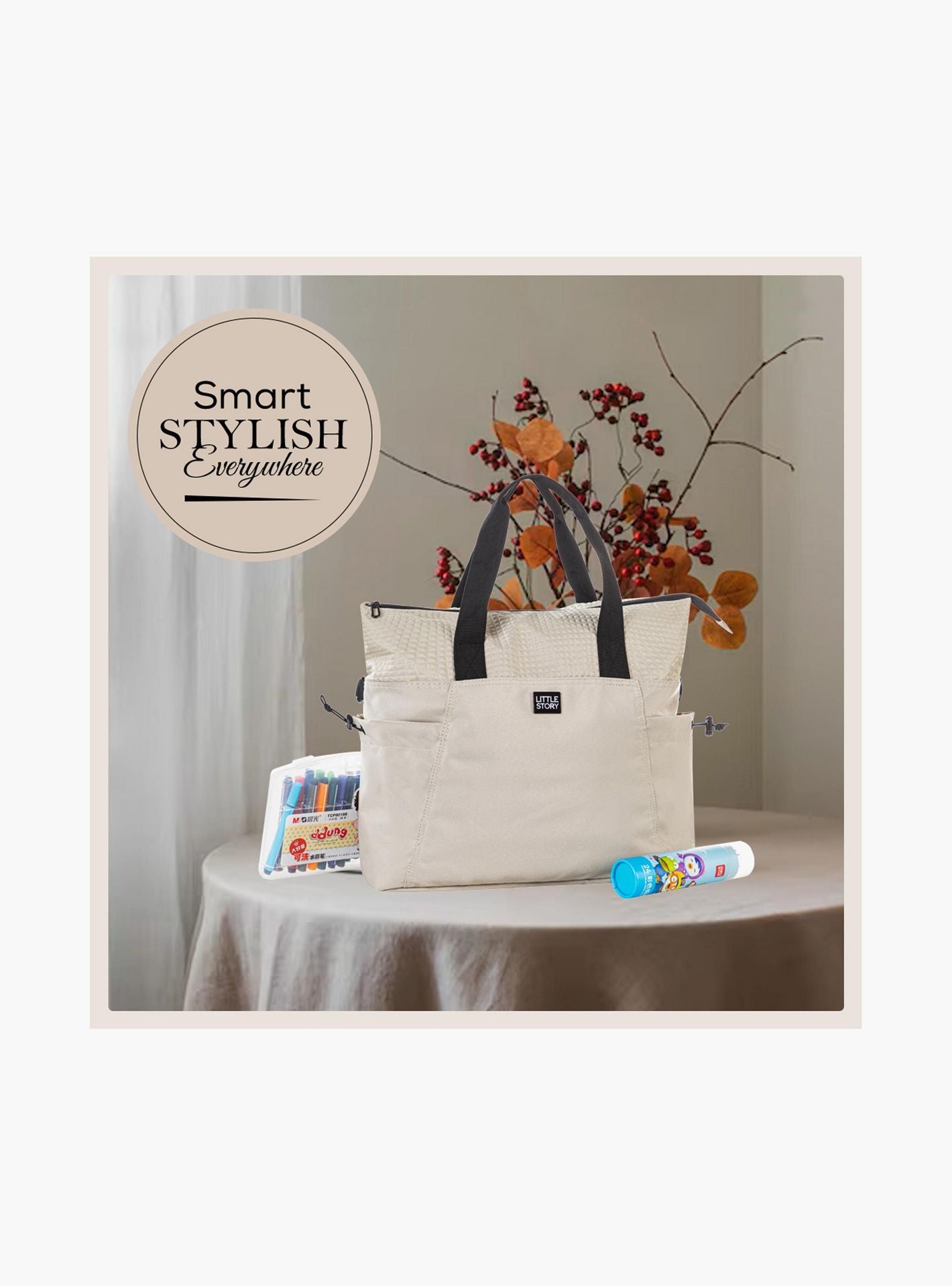 Little Story Mommy Diaper Bag with Changing Mat - Beige-baby-gear-diaperbags-image-3
