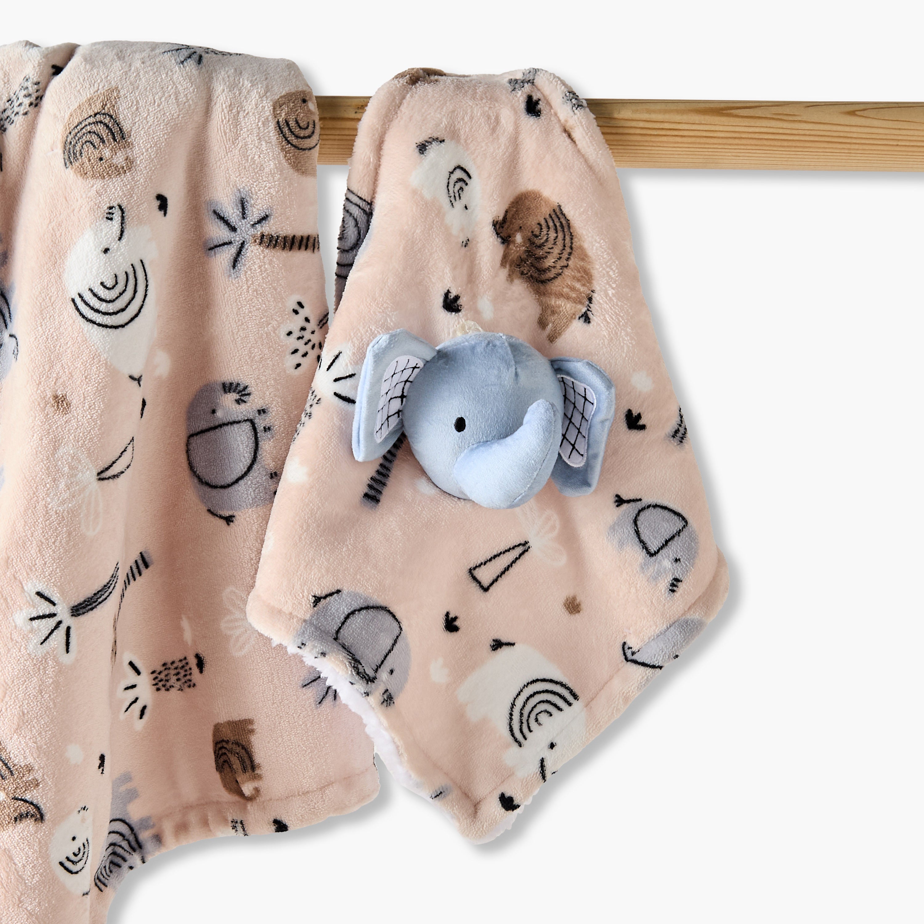 Juniors Raschel Blanket and Security Blanket with Elephant Print, 75x100 cm