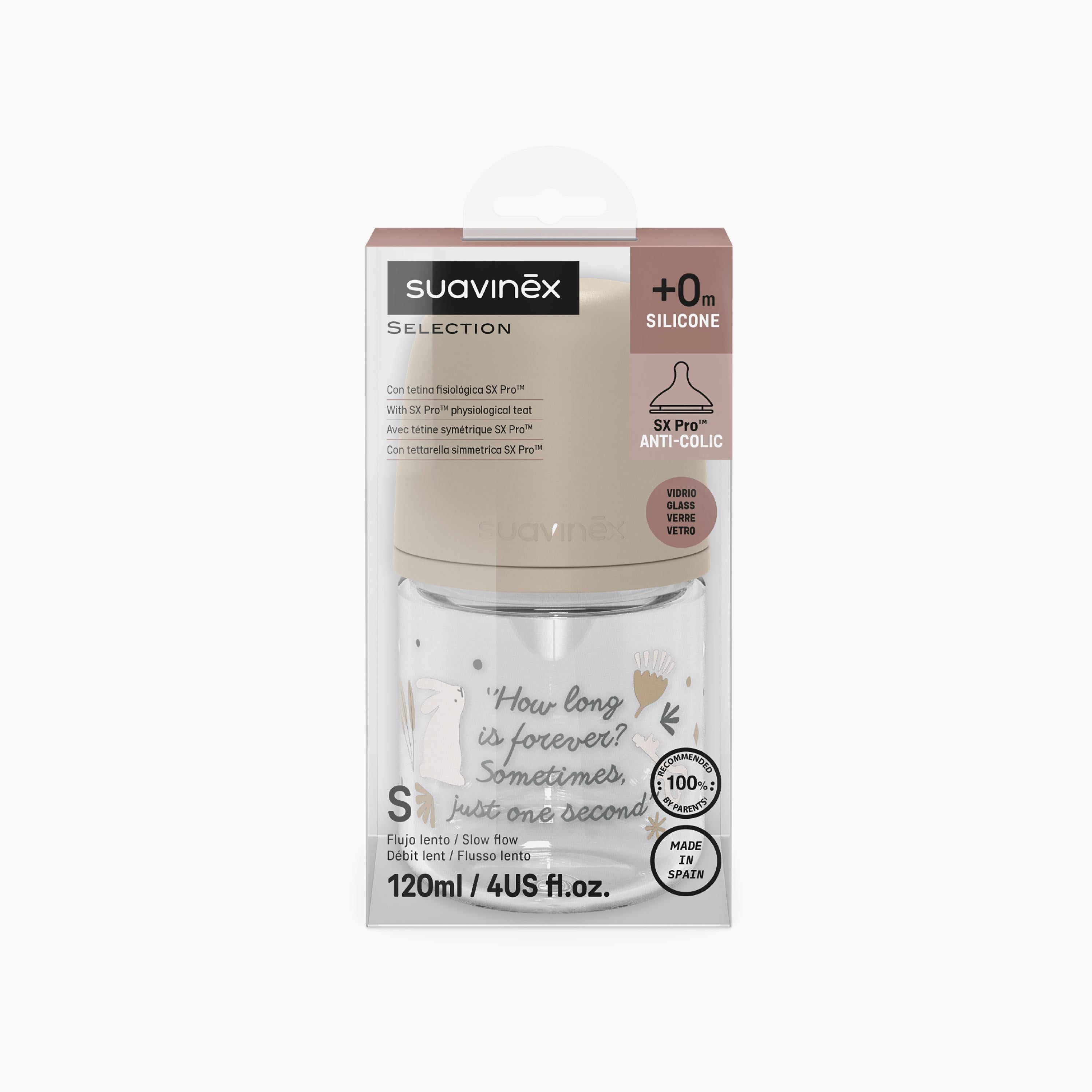 Suavinex Glass Slow Flow Feeding Bottle with Teat - 120 ml