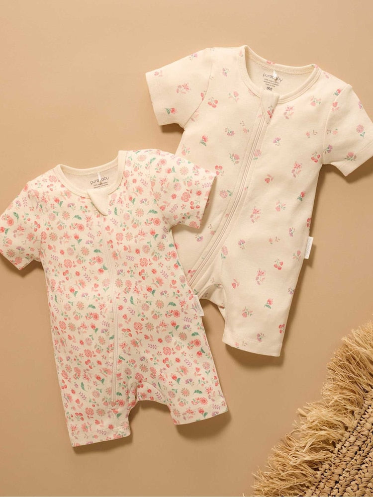 Purebaby Pink Short Sleeve Zip Rompers 2 Pack