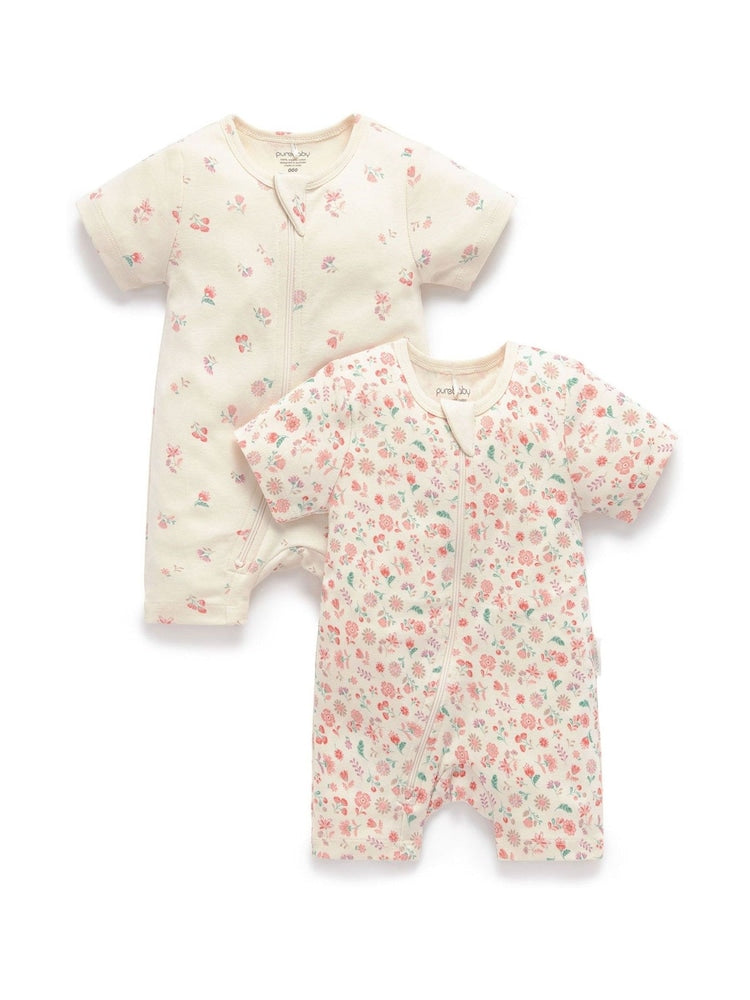 Purebaby Pink Short Sleeve Zip Rompers 2 Pack