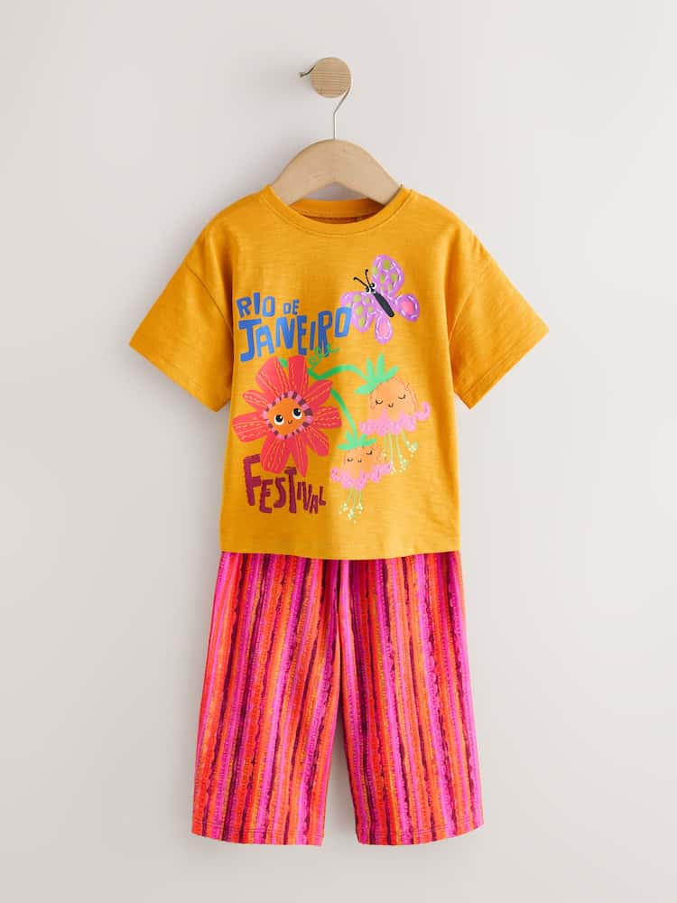 Ochre Yellow Short Sleeve T-Shirt and Wide Leg Trousers Set (3mths-7yrs)