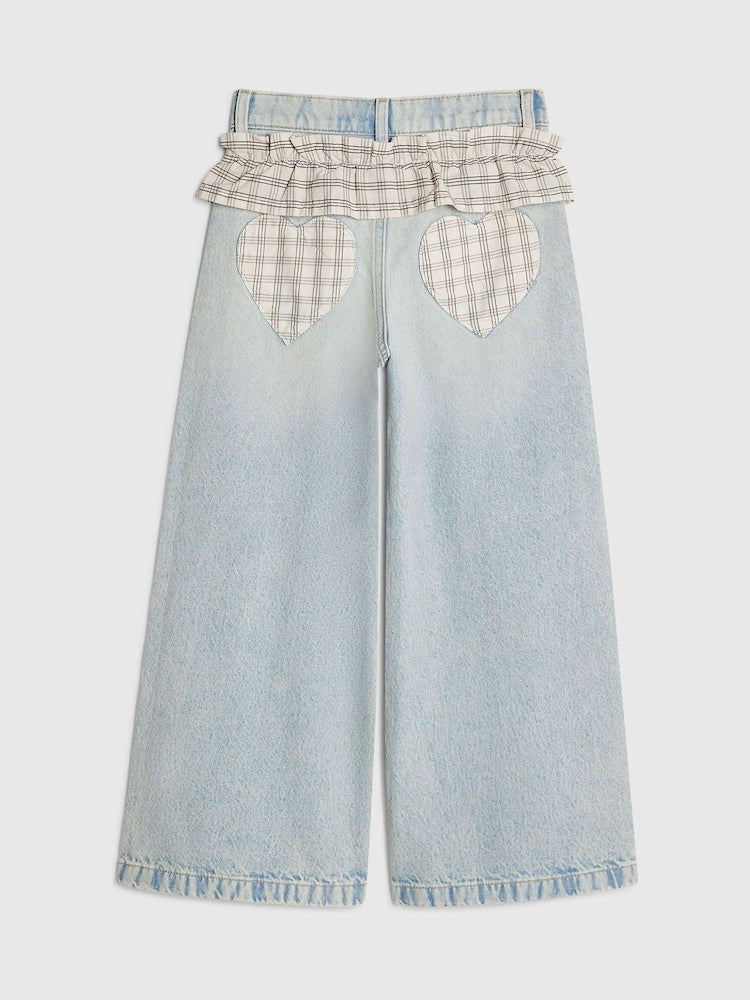 River Island Blue Wide Leg Check Frilled Waist Jeans
