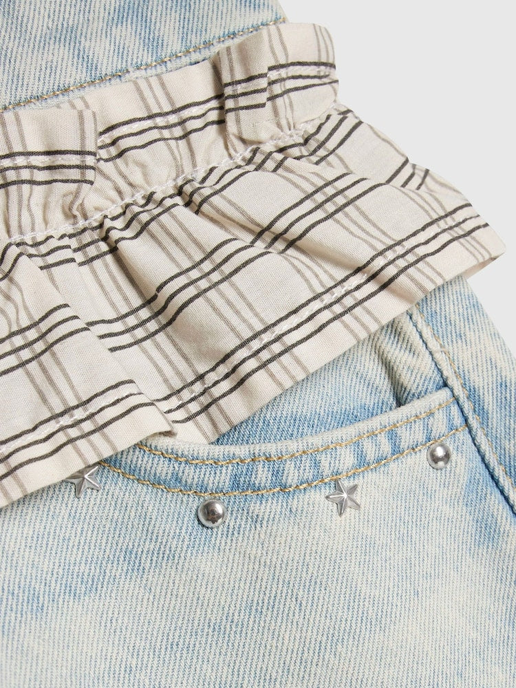 River Island Blue Wide Leg Check Frilled Waist Jeans