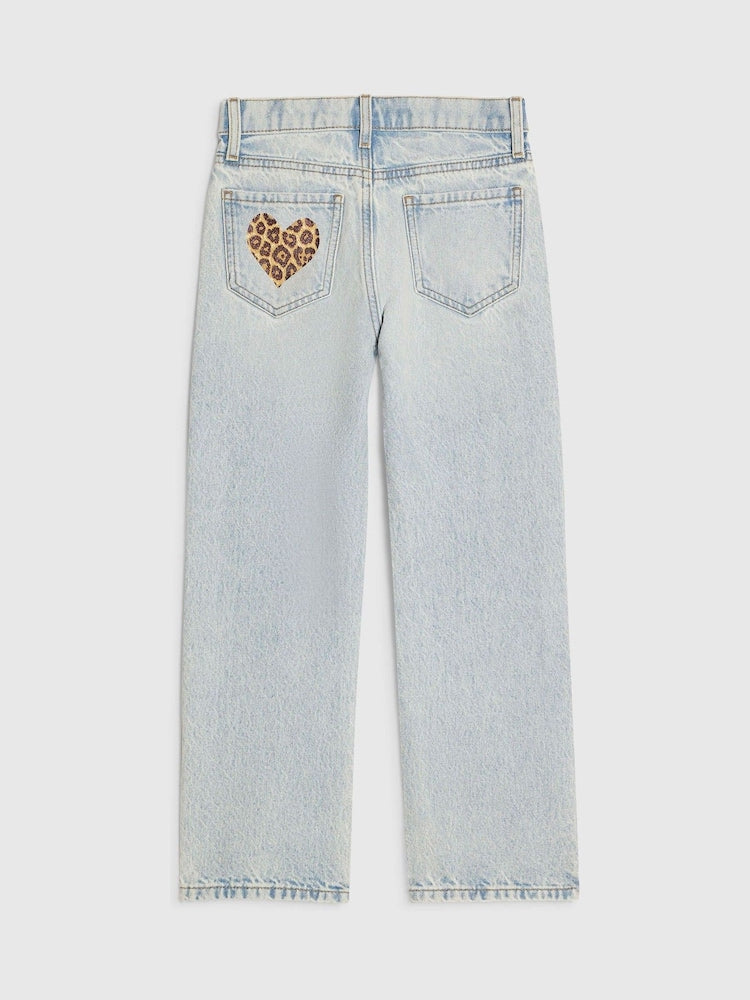 River Island Blue Light Wash Leopard Heart Straight Fit Jeans