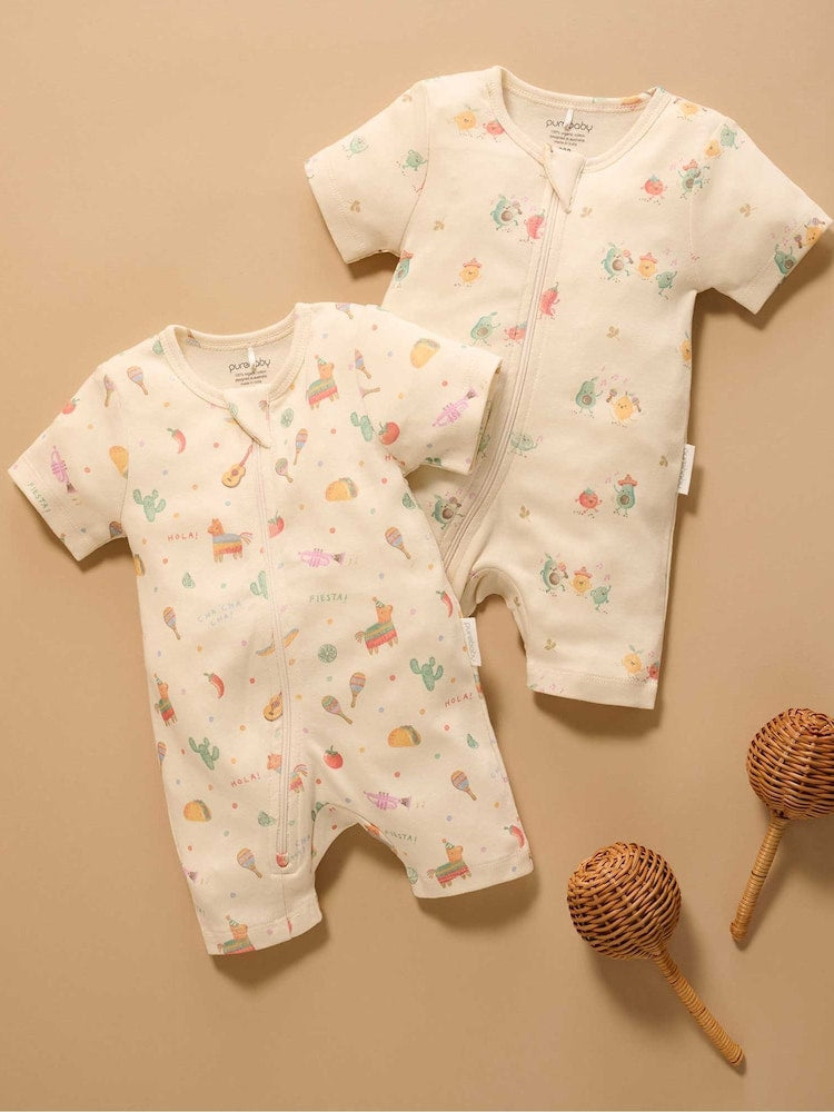 Purebaby Blue Short Sleeve Zip Rompers 2 Pack