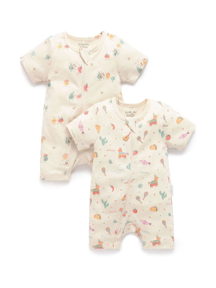 Purebaby Blue Short Sleeve Zip Rompers 2 Pack
