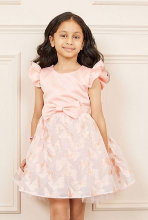 Styli Butterfly Embroidery Bow Detail A-Line Dress with Tie Up