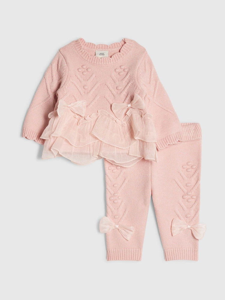 River Island Pink Bow Tulle Knit Legging Set - Pink / Up To 3 Months (50 - 62cm)