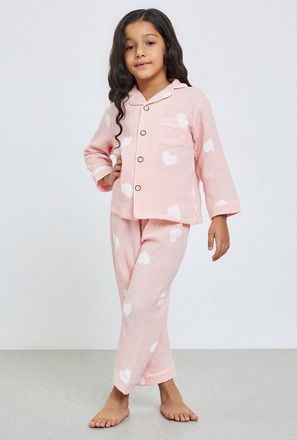 Styli Girls Heart Print Shirt and Pyjama Set