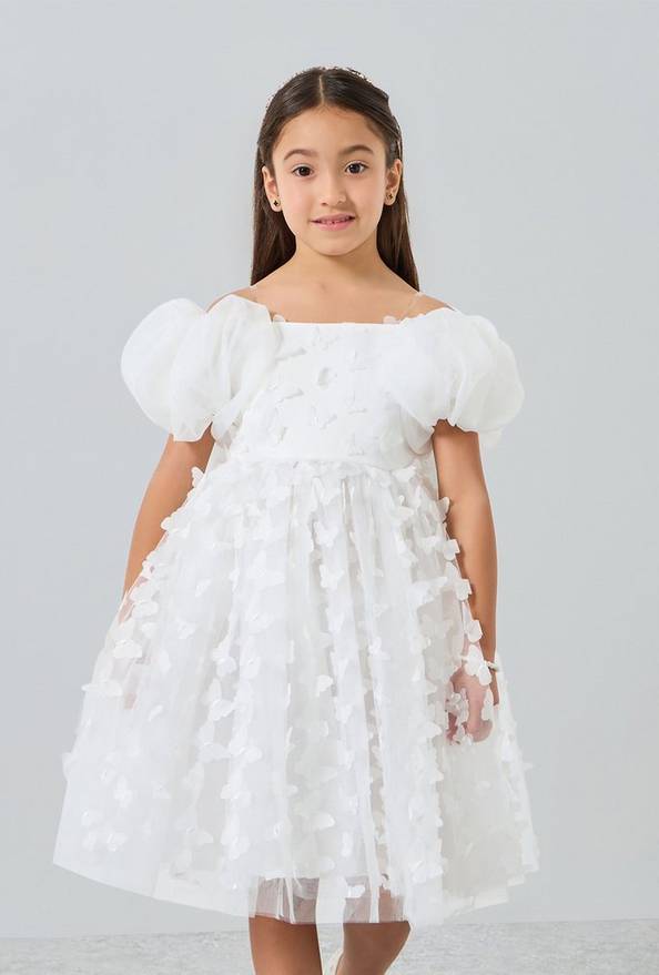 Take Two Girls White Organza Puff Sleeve Butterfly Detail Dress