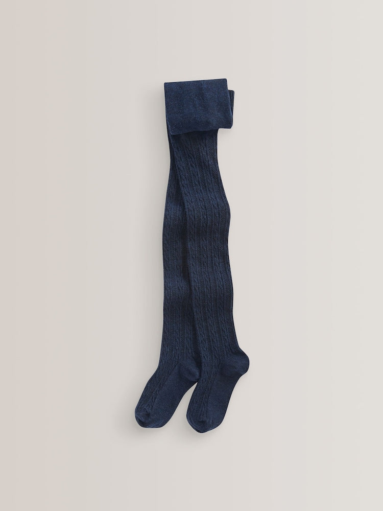 Navy Blue Regular Length Cotton Rich Cable Tights