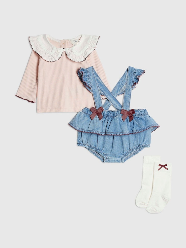 River Island Blue Bow Frill Bloomer 3 Piece Set - Blue / Up To 3 Months (50 - 62cm)