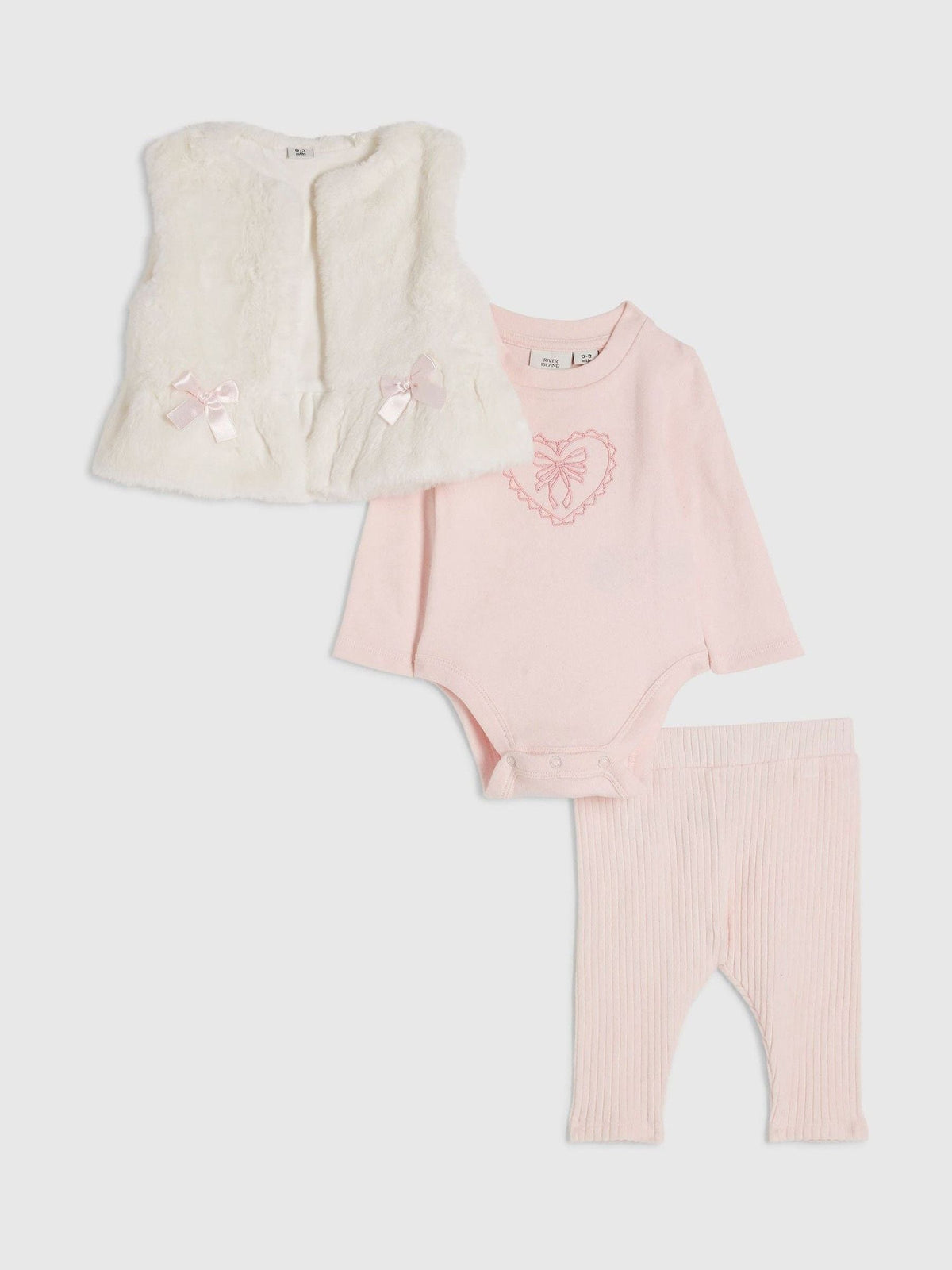 River Island Pink Faux Fur Gilet with Ribbed Bodysuit & Leggings Set - Pink / Up To 3 Months (50 - 62cm)
