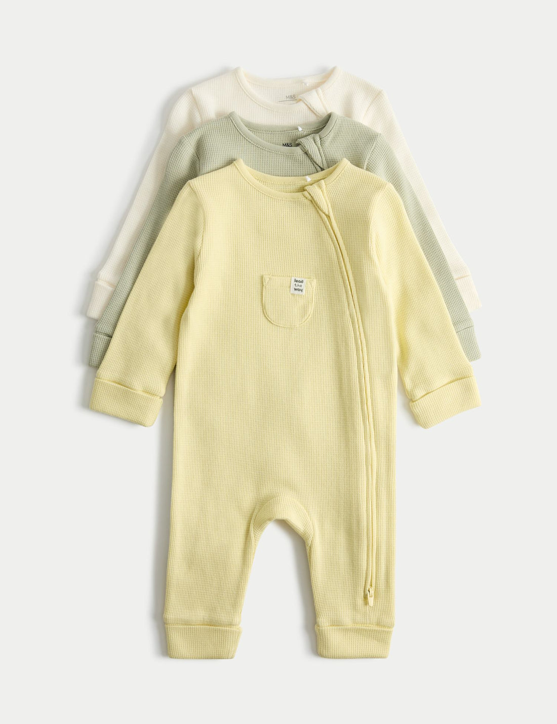 3 Pack Pure Cotton Waffle Sleepsuits (6lbs 3oz-3 Yrs) - YELLOW / 12-18 Months