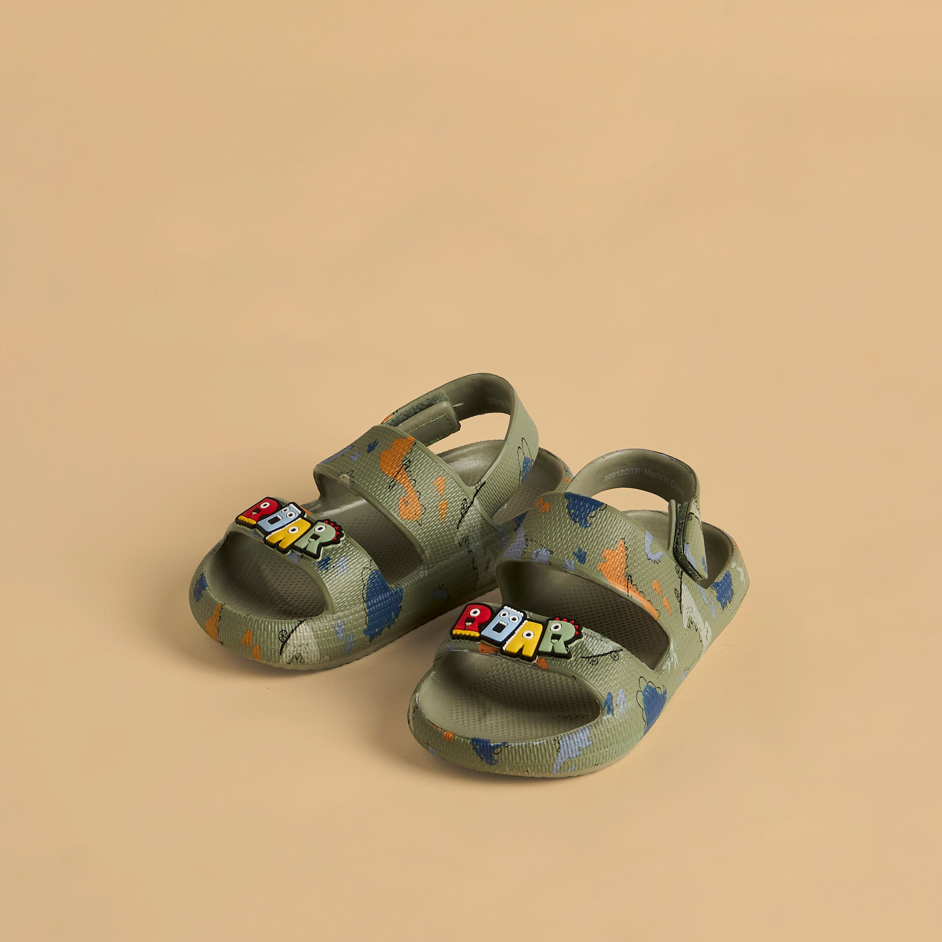 Dinosaur Print Sandals with Hook and Loop Closure - Green / 20-21