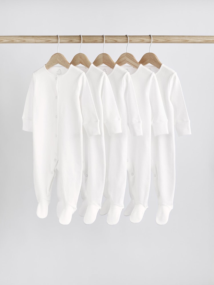 White 5 Pack 100% Cotton Baby Sleepsuits (0-18mths)
