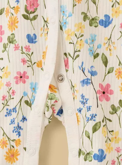 Floral Print Cotton Sleepsuit with Eyelet Collar