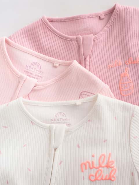 Pink Two Way Zip Baby Sleepsuits 3 Pack (0mths-3yrs)