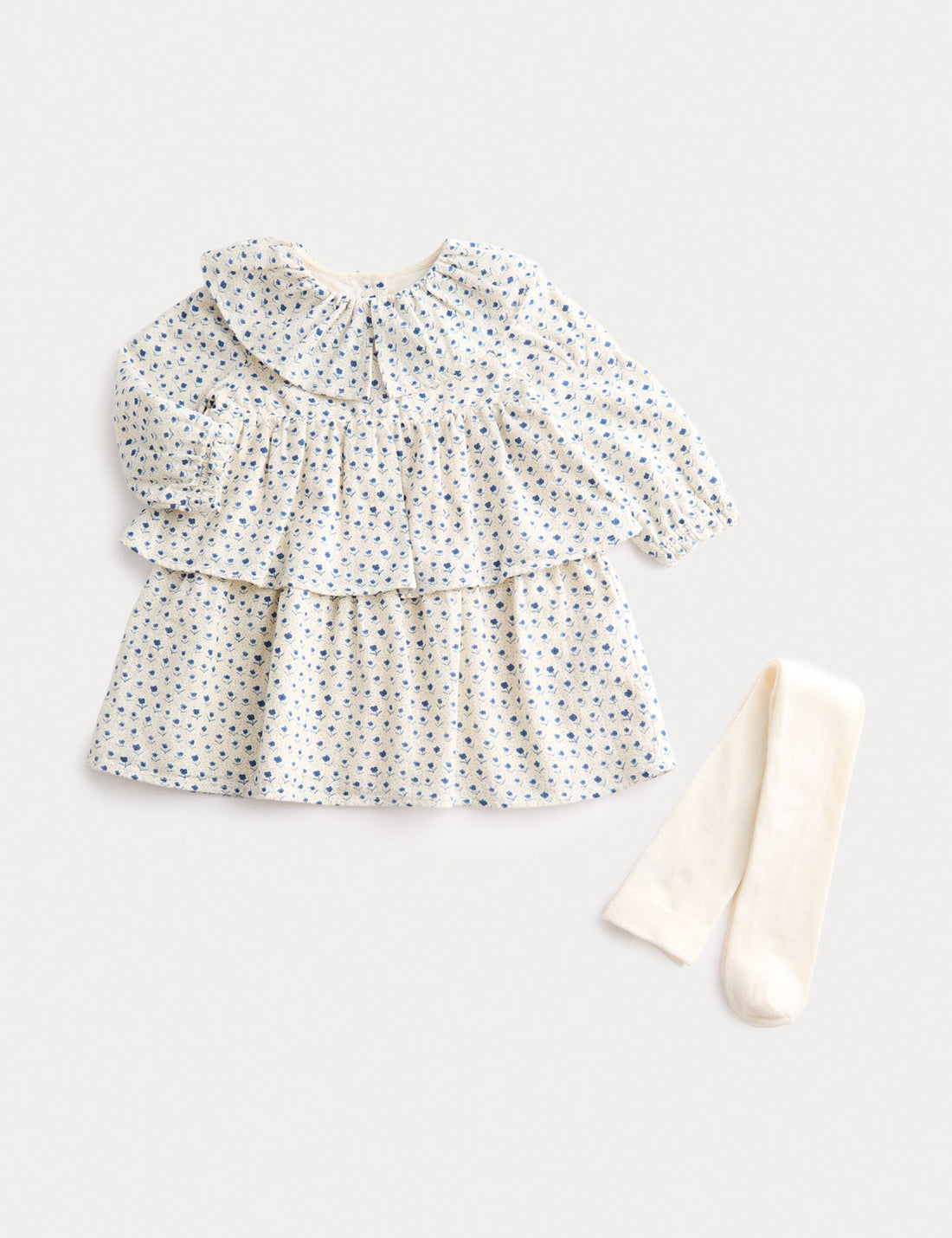 2Pc Cotton Blue Ditsy Dress With Tights