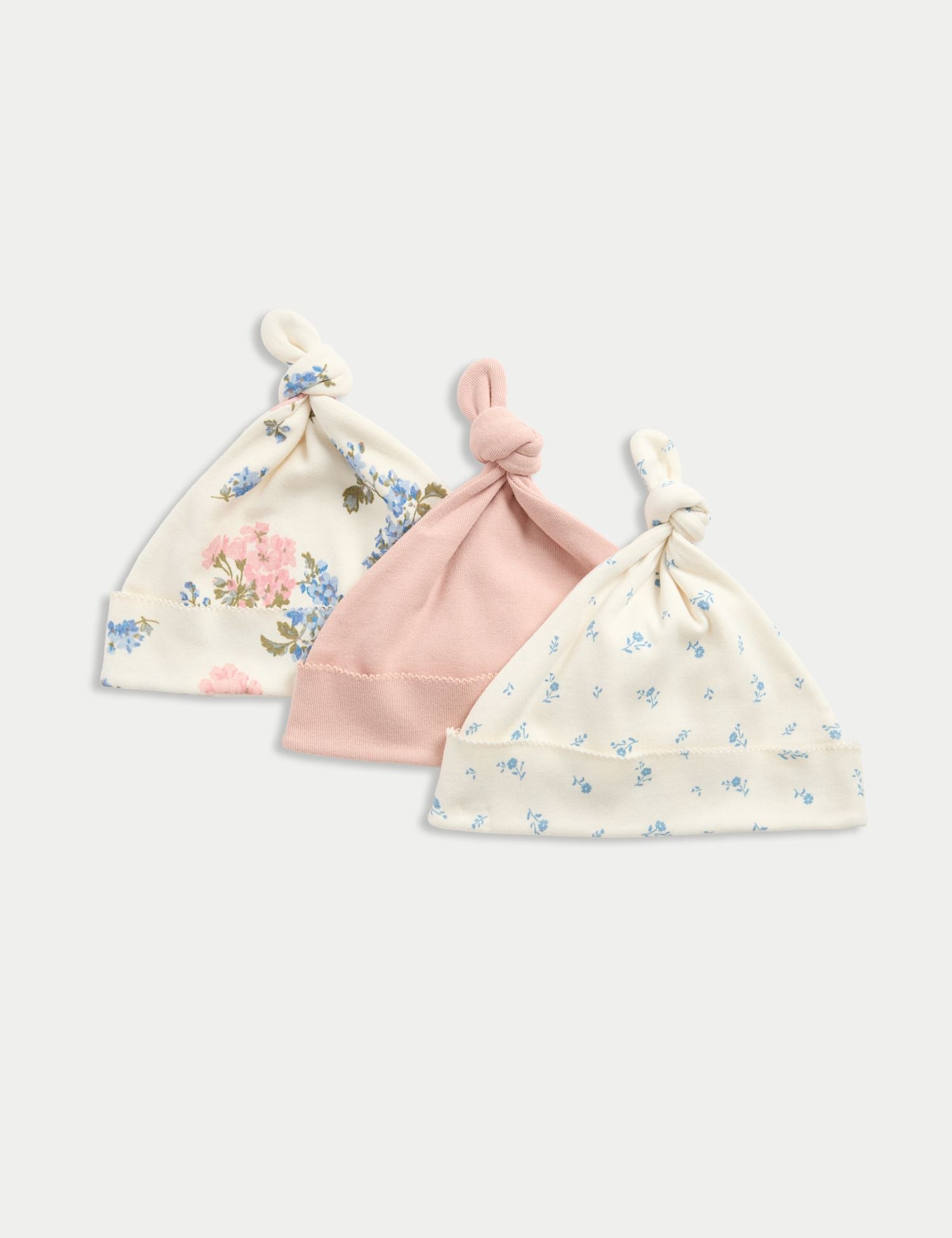 3 Pack Pure Cotton Floral Hats (0-12 Mths) - BLUSH / 1 Month