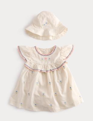 2 Piece Pure Cotton Floral Dress & Hat Outfit (0-2 Yrs) - LIGHT CREAM / 12-18 Months