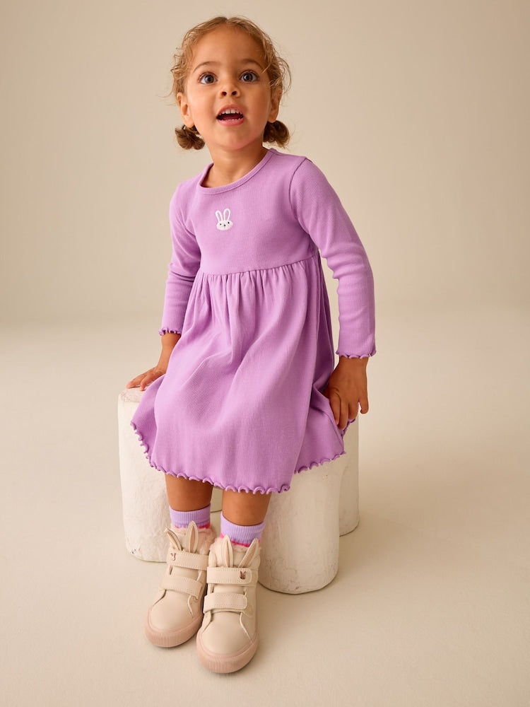 Lilac Bunny Embroidery Long Sleeve Ribbed Dress (3mths-7yrs)