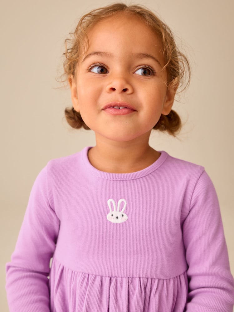 Lilac Bunny Embroidery Long Sleeve Ribbed Dress (3mths-7yrs)