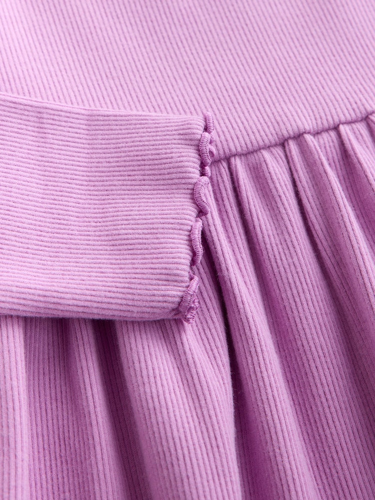 Lilac Bunny Embroidery Long Sleeve Ribbed Dress (3mths-7yrs)