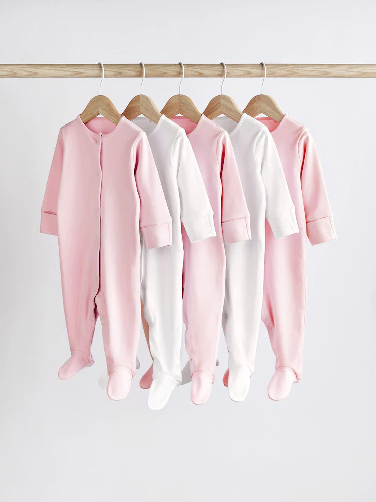 Pink/White 5 Pack Baby Sleepsuits (0-2yrs)