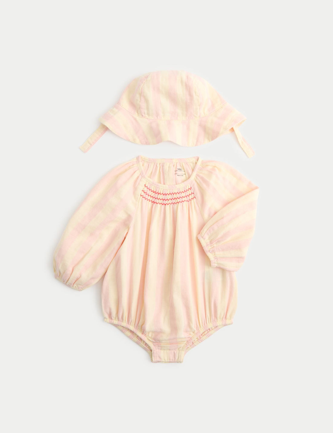 Pure Cotton Candy Stripe Woven Paddler with Hat (0-24 Mths) - TEA ROSE / 12-18 Months
