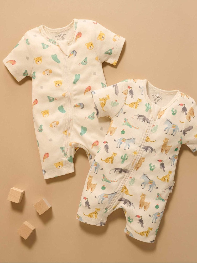 Purebaby Green Short Sleeve Zip Rompers 2 Pack