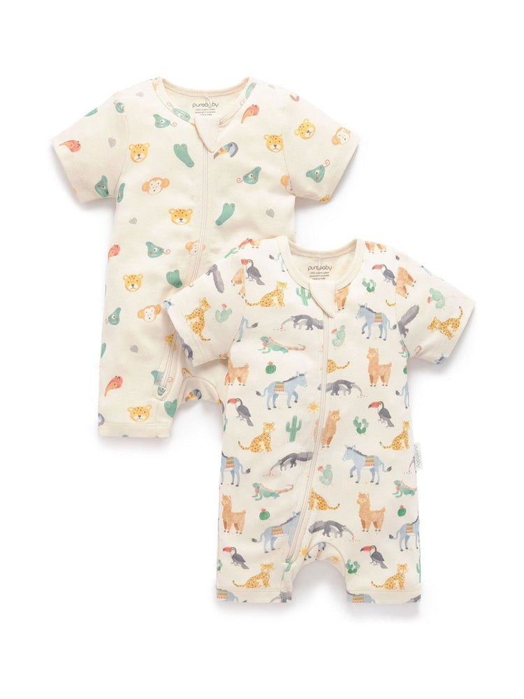 Purebaby Green Short Sleeve Zip Rompers 2 Pack