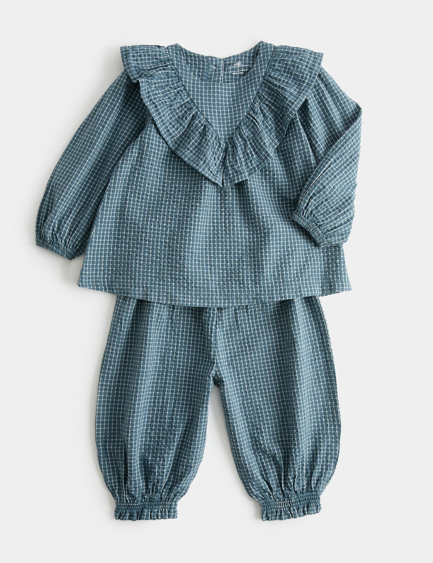 2pc Pure Cotton Gingham Frill Top & Trousers (0-5 Yrs) - GREY MIX / 12-18 Months
