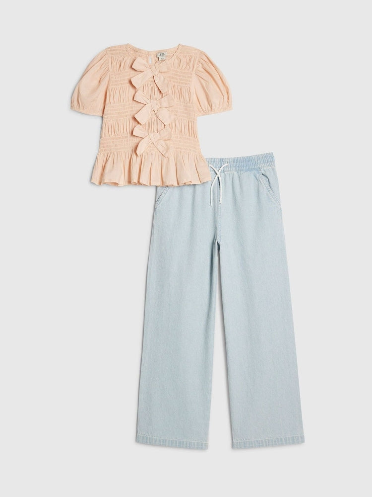 River Island Pink Bow Top & Wide Leg Barry Jeans
