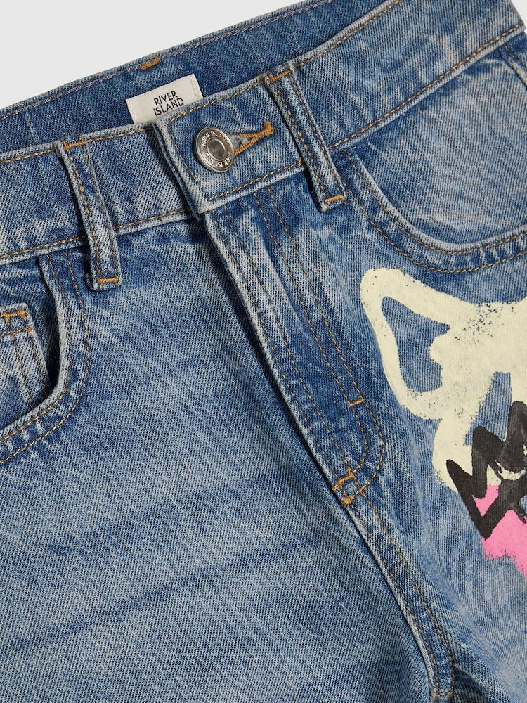 River Island Blue Amour Graffiti Straight Leg Jeans