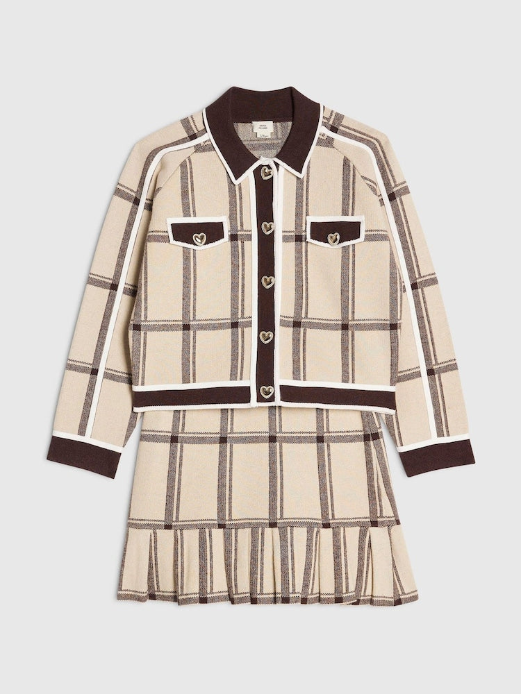 River Island Cream Check Cardigan & Skirt Set