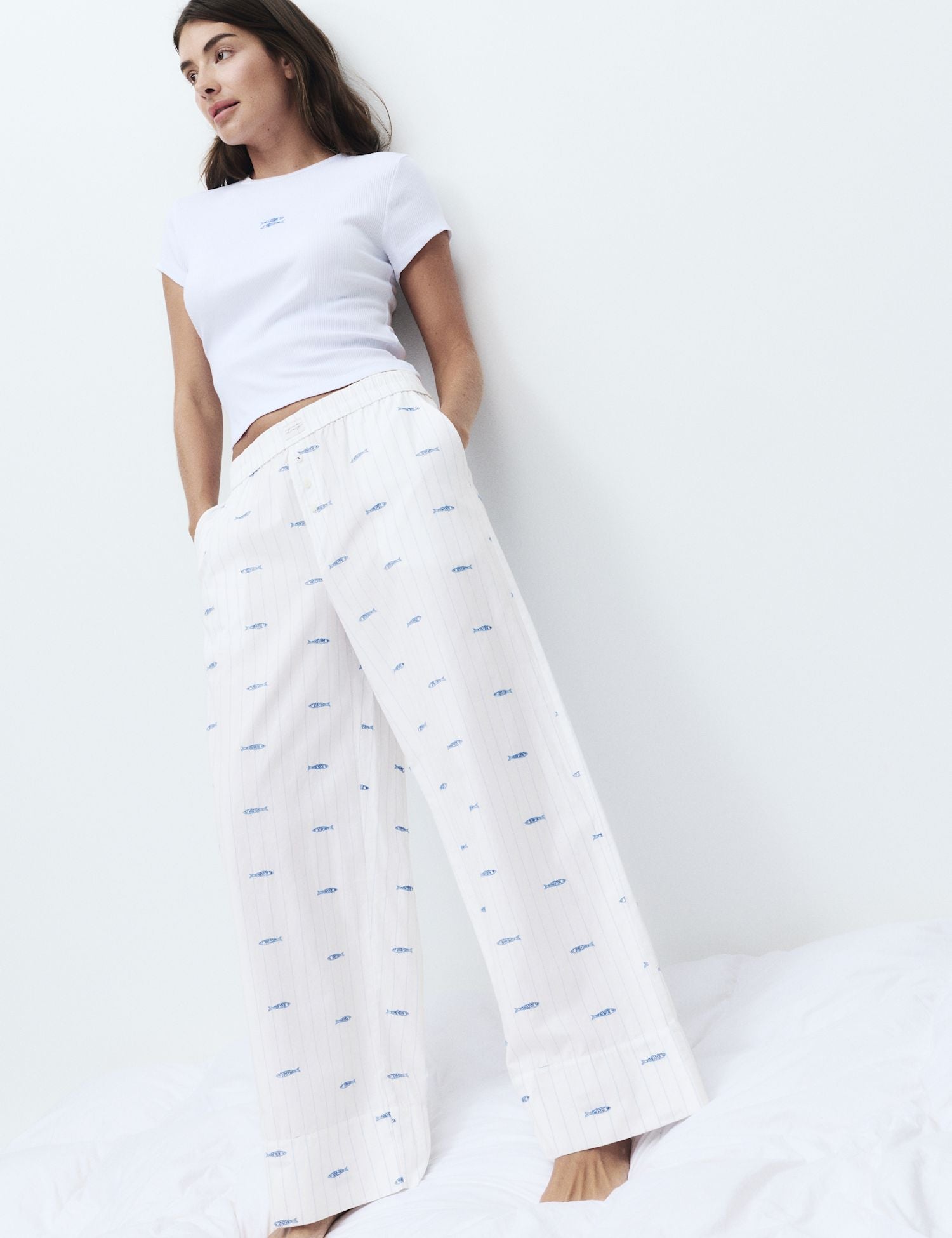 Pure Cotton Poplin Embroidered Pyjama Bottoms